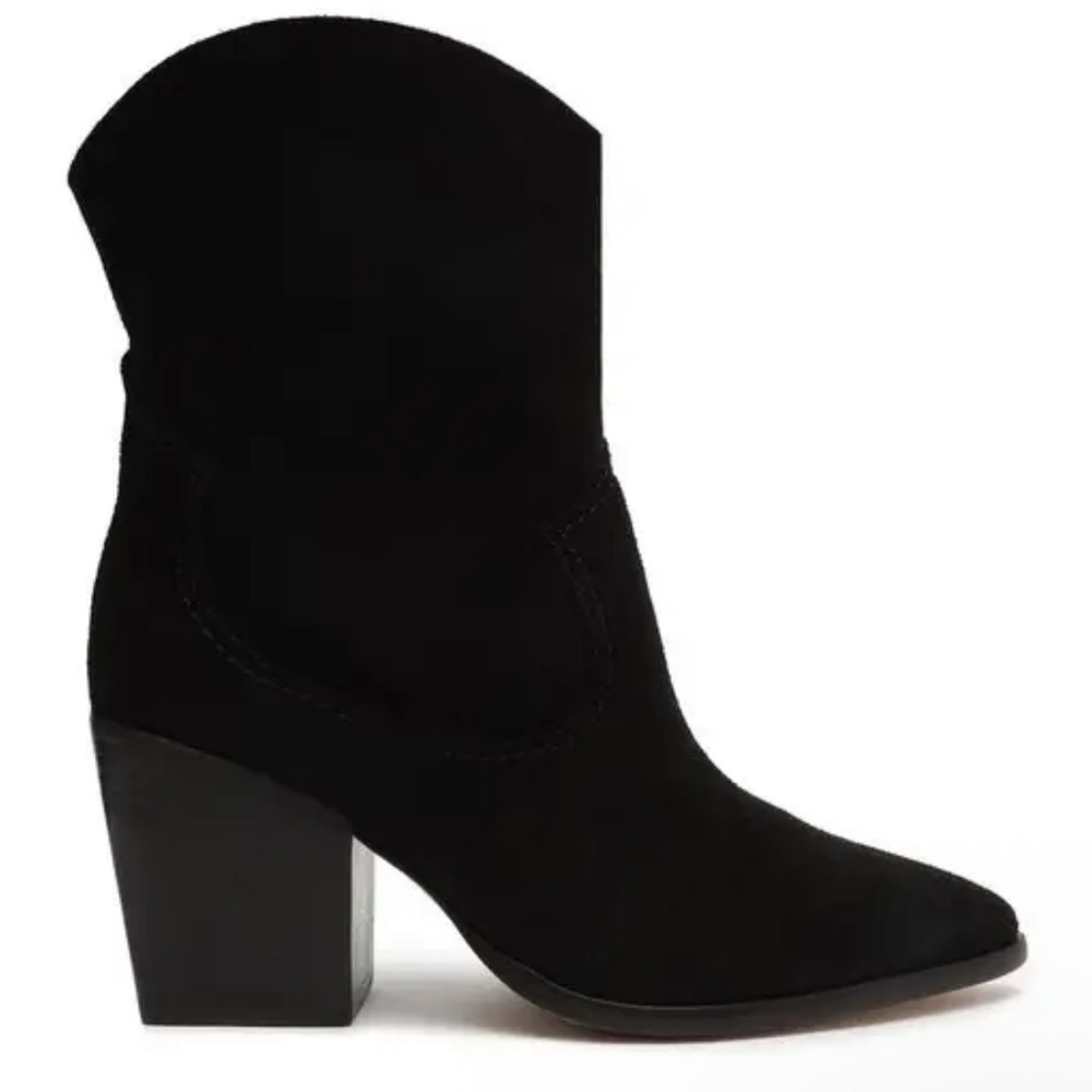 Schutz Tessie Black Suede Heeled Boots with Chunky Heel